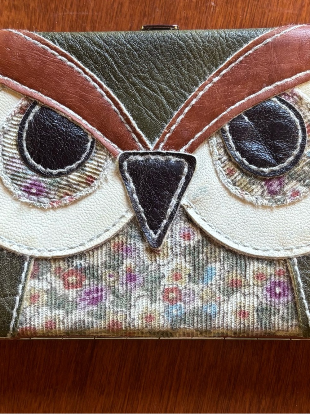 Owl Appliqué Wallet in Olive, Brown & Cream
